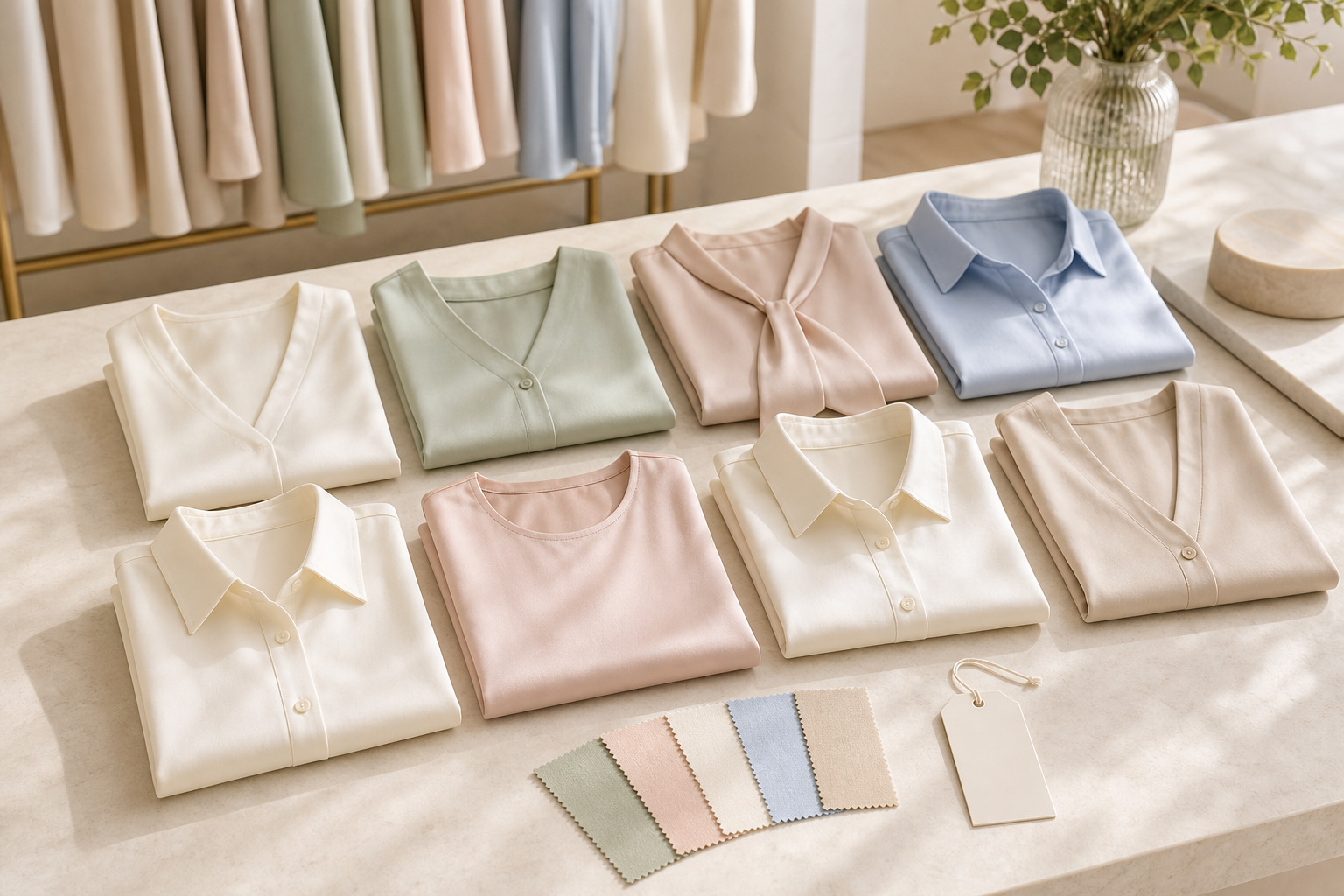 Curated AllAtAttire tops and shirts folded in a boutique workspace