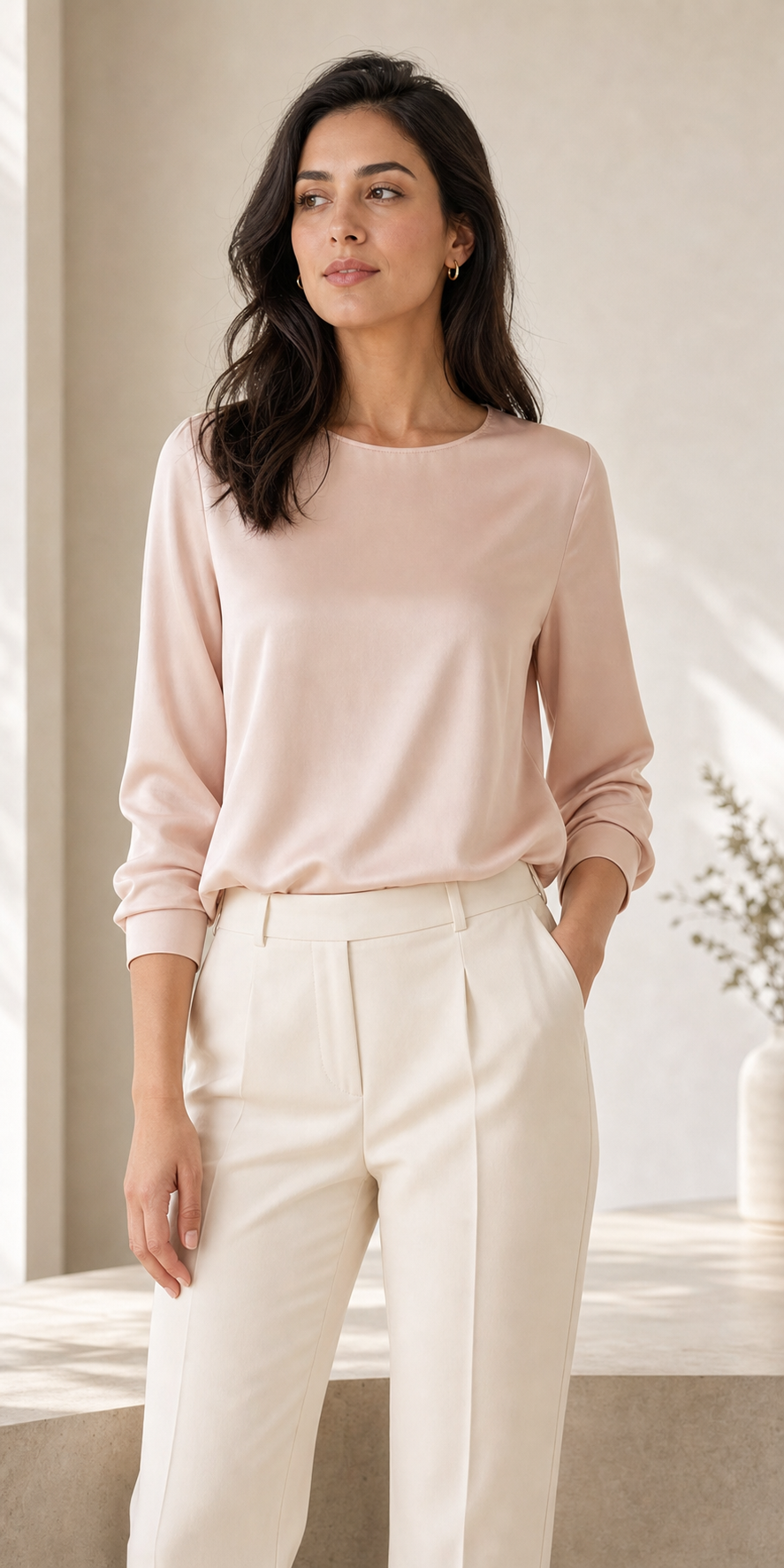Model wearing a soft round-neck top