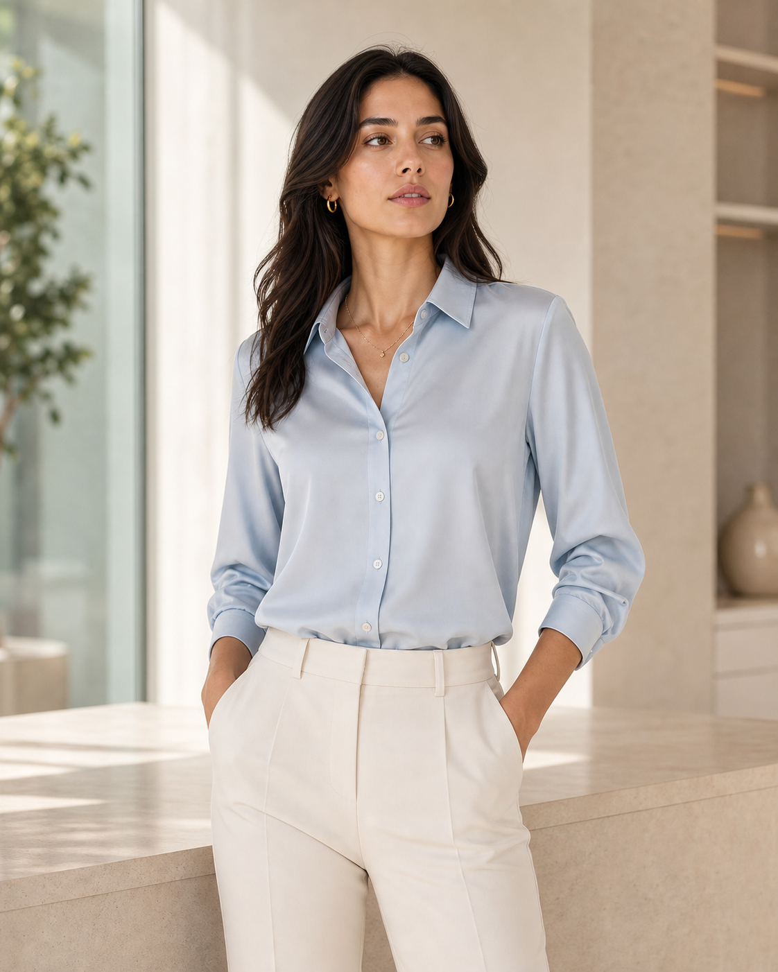 Blue button-front shirt styled for polished everyday wear