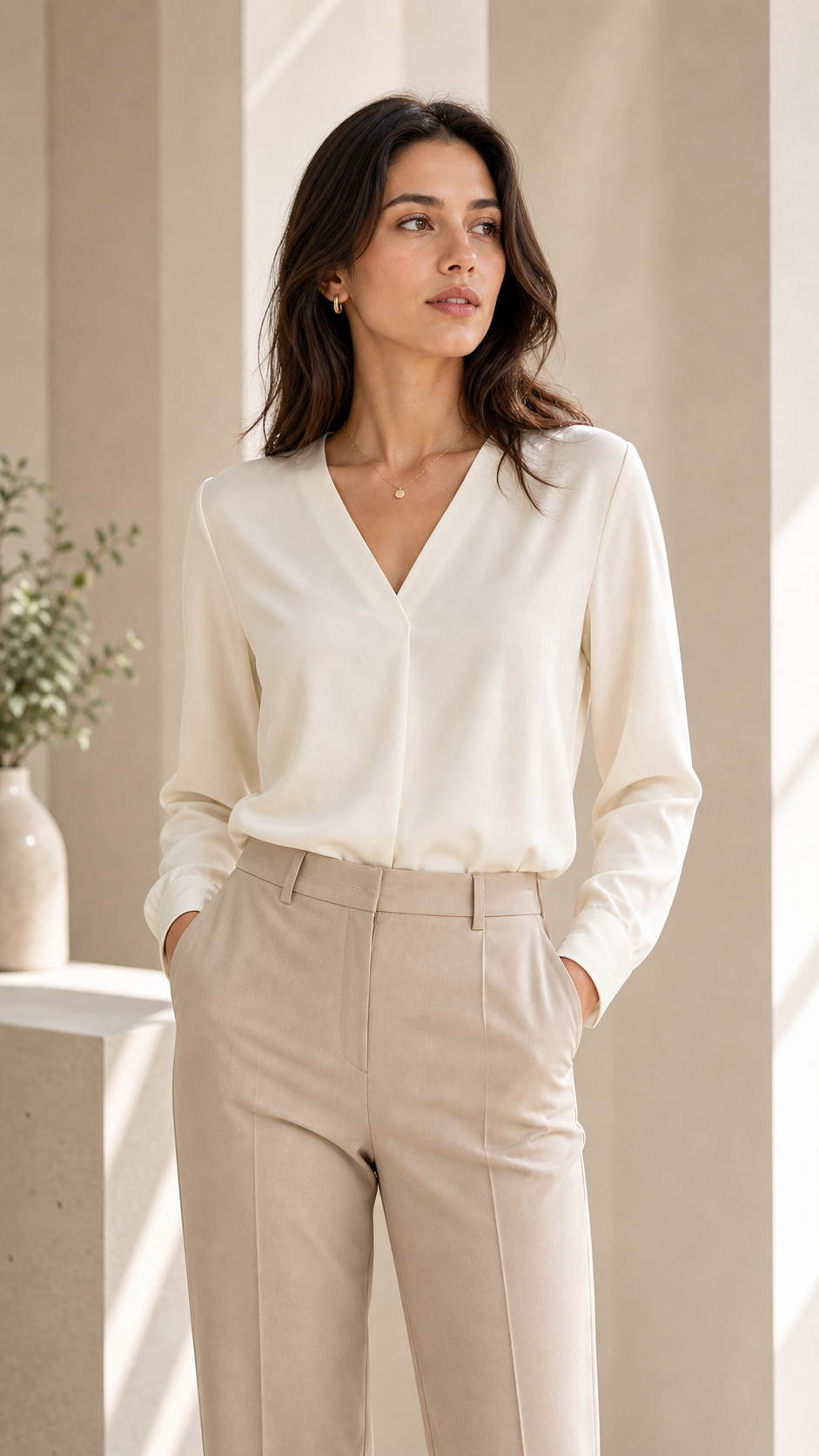 Ivory V-neck top in a clean studio