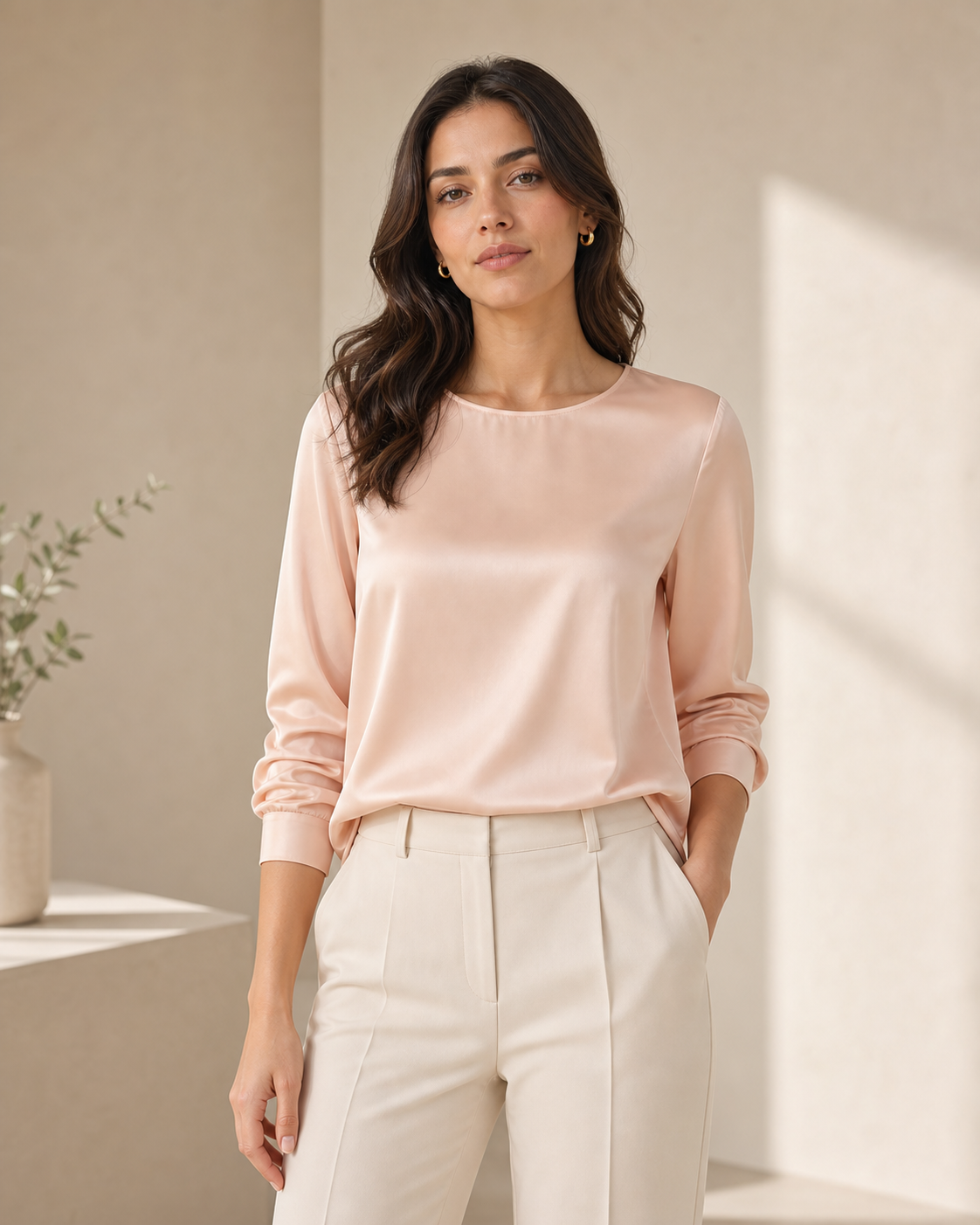 Model wearing a soft round-neck top