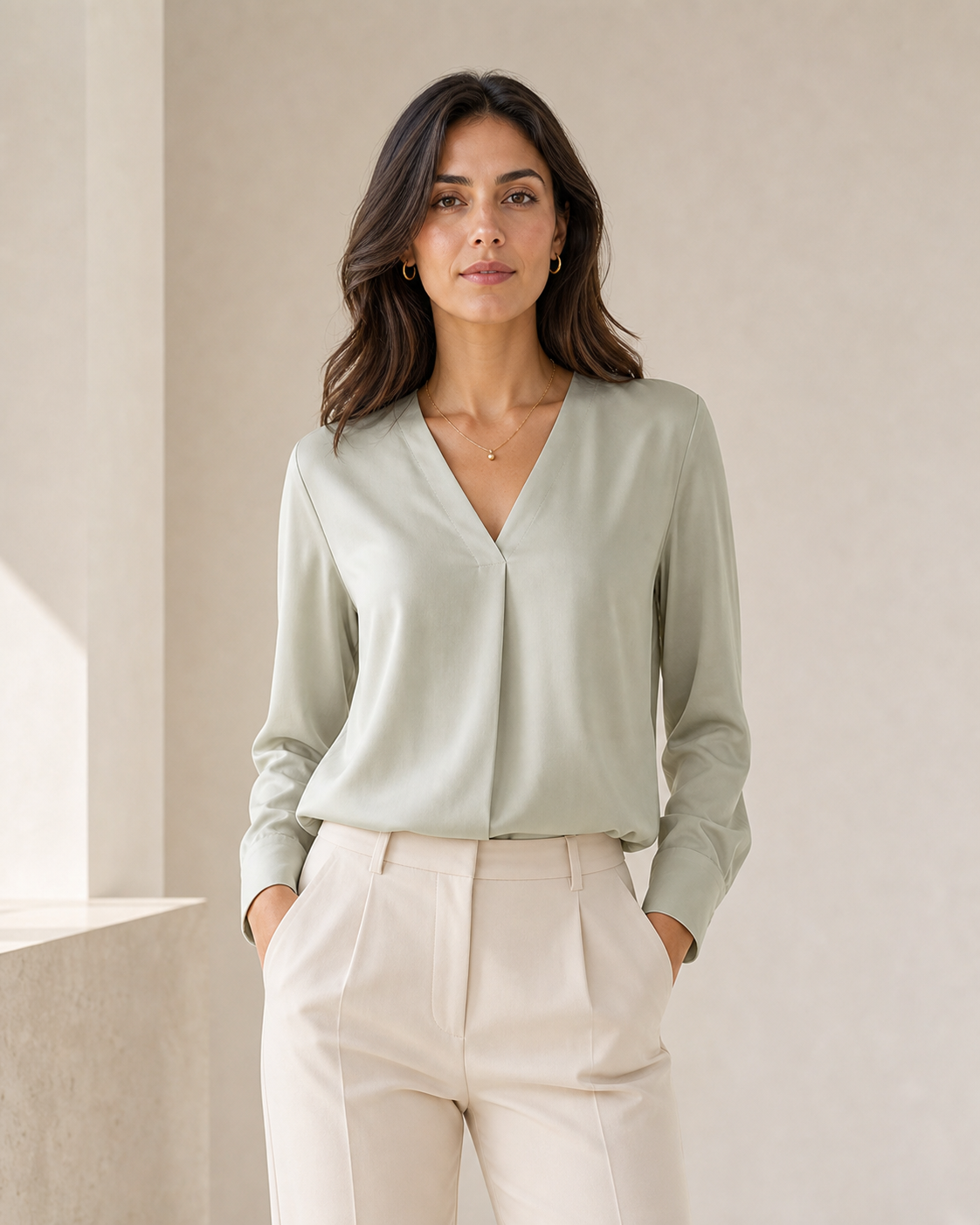 Front-facing model wearing an ivory V-neck top