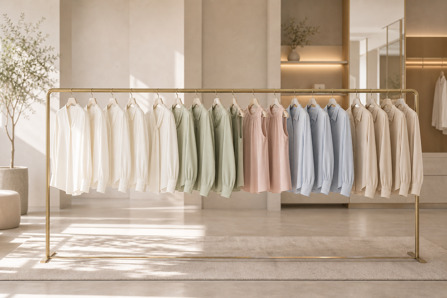 Coordinated tops and shirts displayed on a polished boutique rail